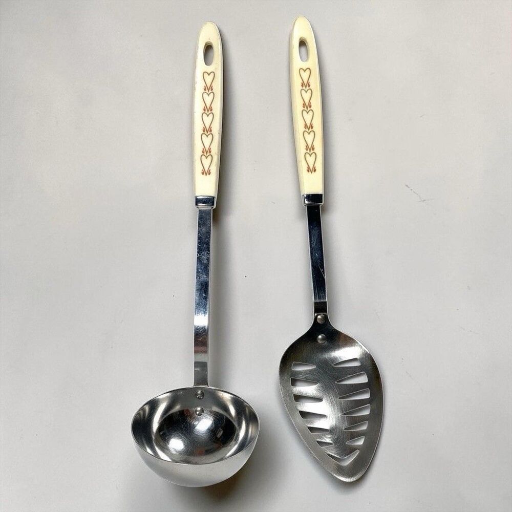 Set Of 2 Vintage ANDROCK White Hearts Handle Ladle & Slotted Serving Spoon 70s
